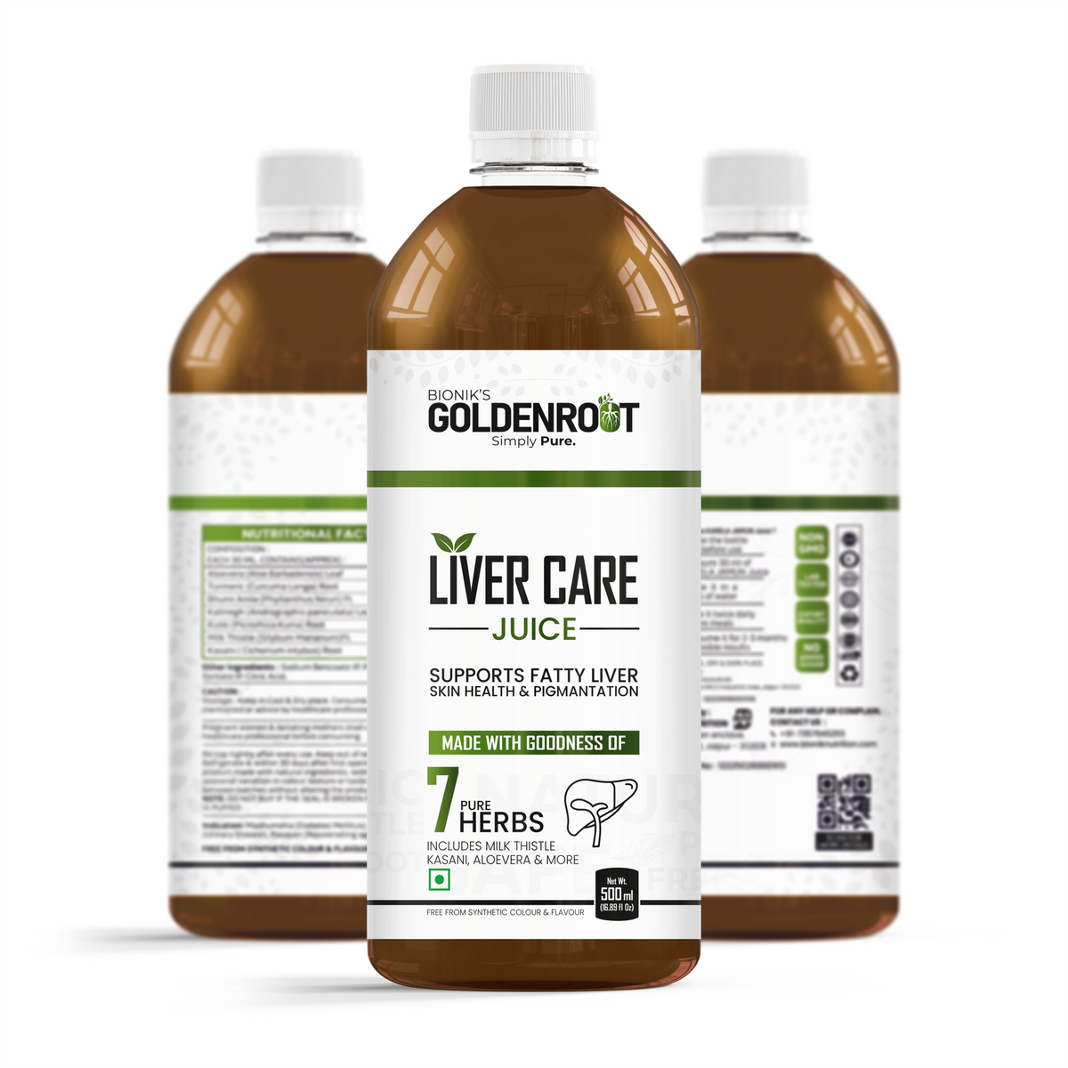 Goldenroot Bionik GoldenRoot Liver Care Herbal Juice with milk thistle and turmeric in a 500ml bottle, supporting Ayurvedic liver wellness.