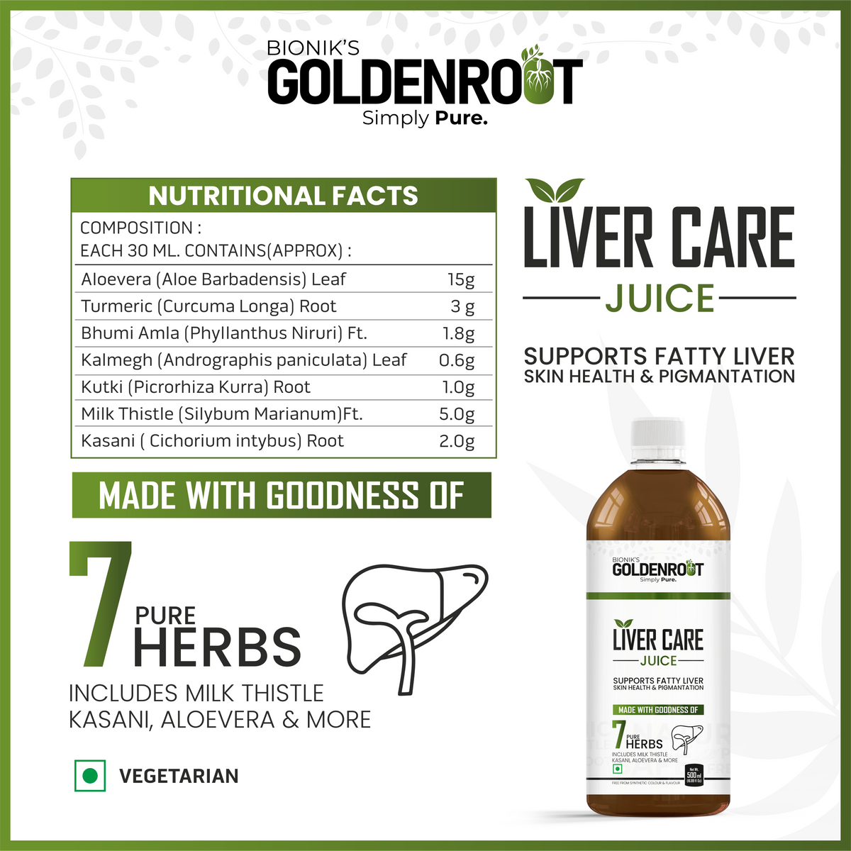 Goldenroot Bionik Herbal Liver Care Juice bottle, 500 ml, with Milk Thistle and Turmeric for Ayurvedic liver wellness.
