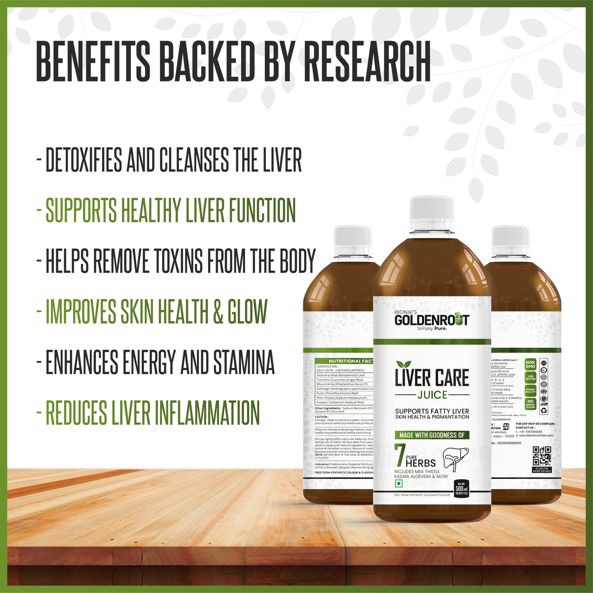 Goldenroot Bionik Liver Care Herbal Juice bottle with milk thistle and turmeric for Ayurvedic liver wellness, 500 ml.