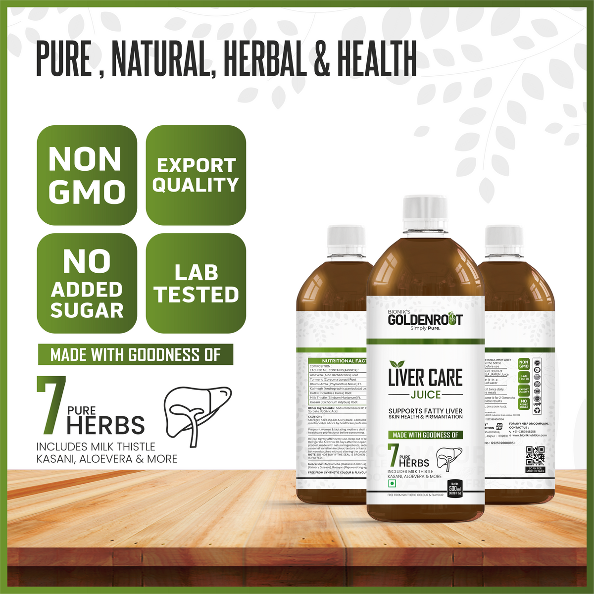 Goldenroot Bionik GoldenRoot Liver Care Herbal Juice in a 500ml bottle with milk thistle and turmeric for Ayurvedic liver wellness.