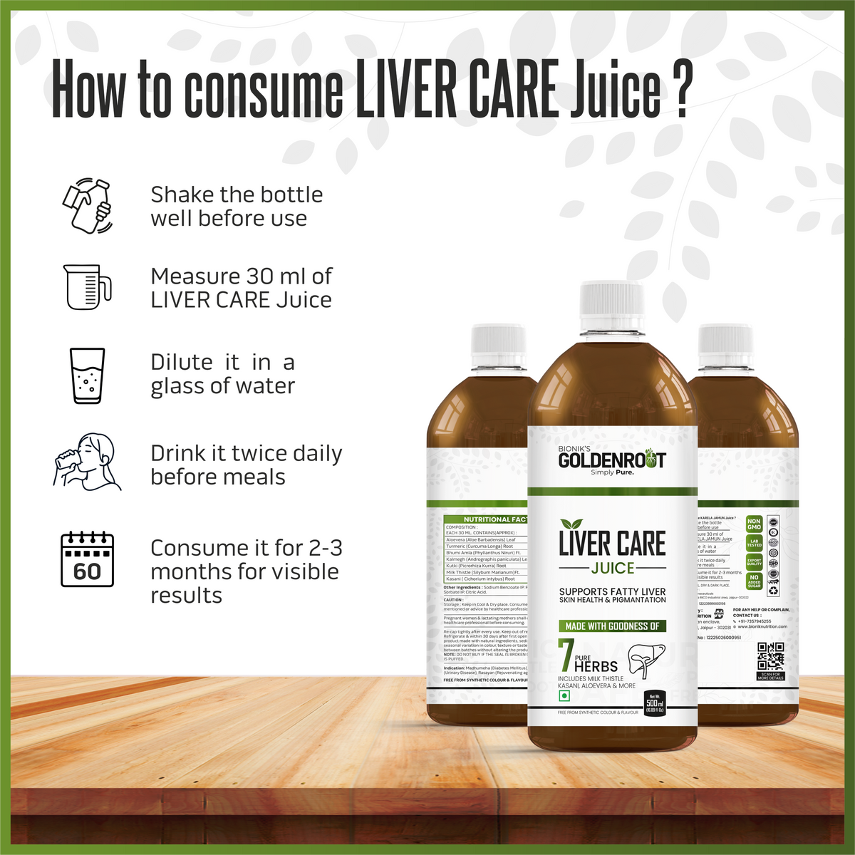 Goldenroot Bionik Liver Care Herbal Juice bottle with milk thistle and turmeric, 500 ml, Ayurvedic liver wellness supplement.