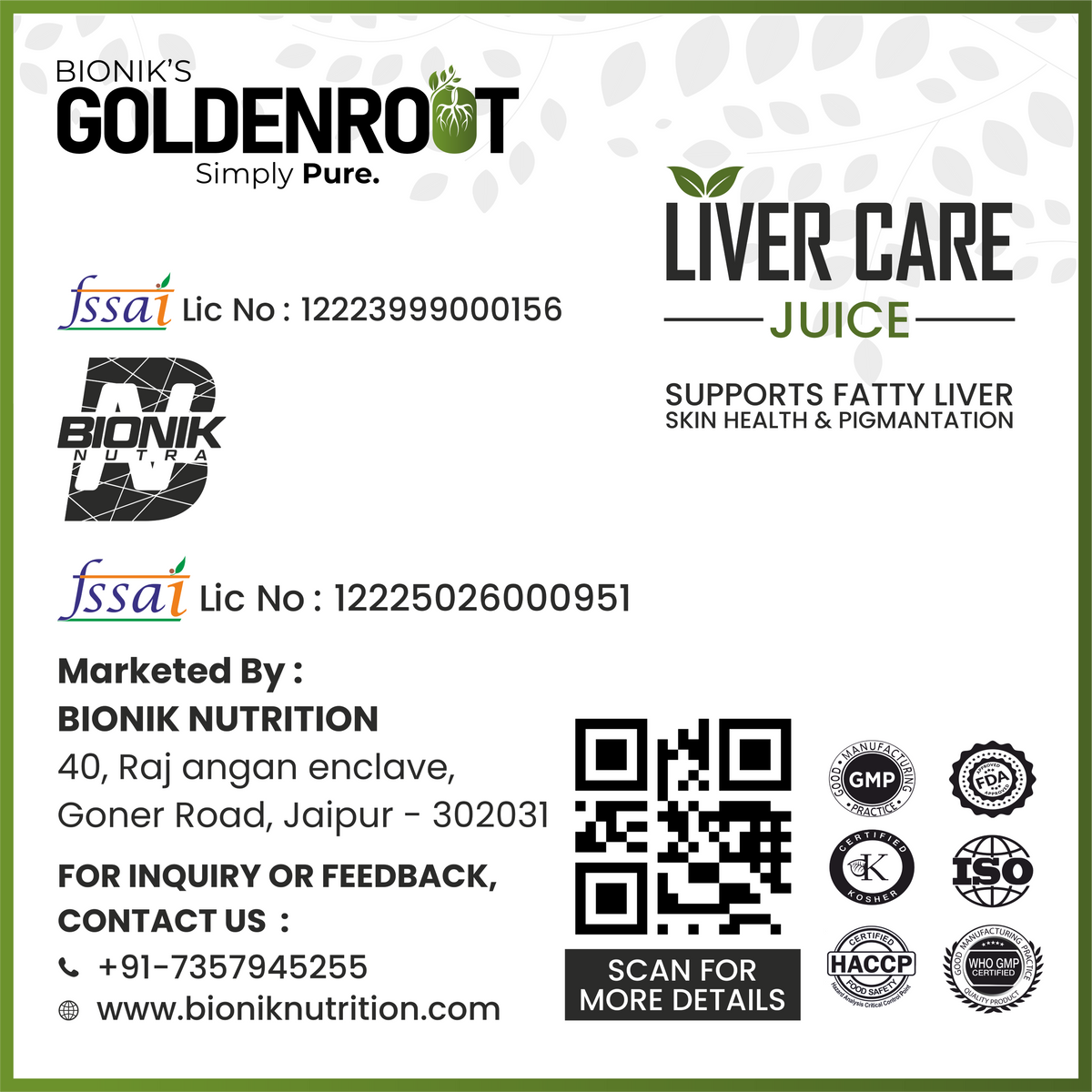 Goldenroot Bionik Liver Care Herbal Juice in 500 ml bottle, featuring Ayurvedic ingredients like milk thistle and turmeric.