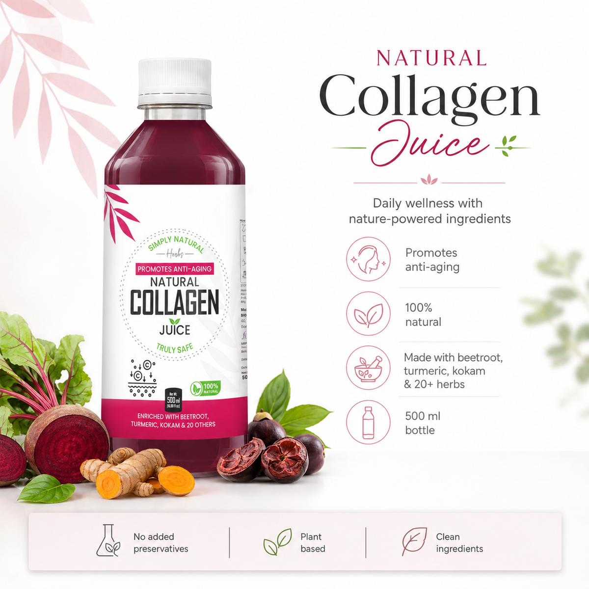 Goldenroot Bionik herbal collagen juice in a 500ml bottle, featuring natural ingredients and golden-colored liquid.