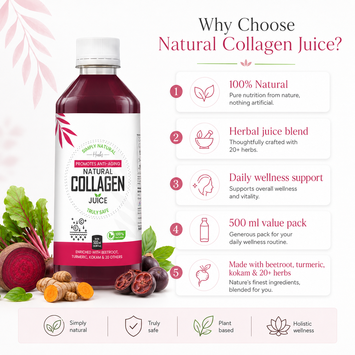 GoldenRoot Bionik herbal collagen juice in a 500ml bottle, featuring natural herbal ingredients and golden color.
