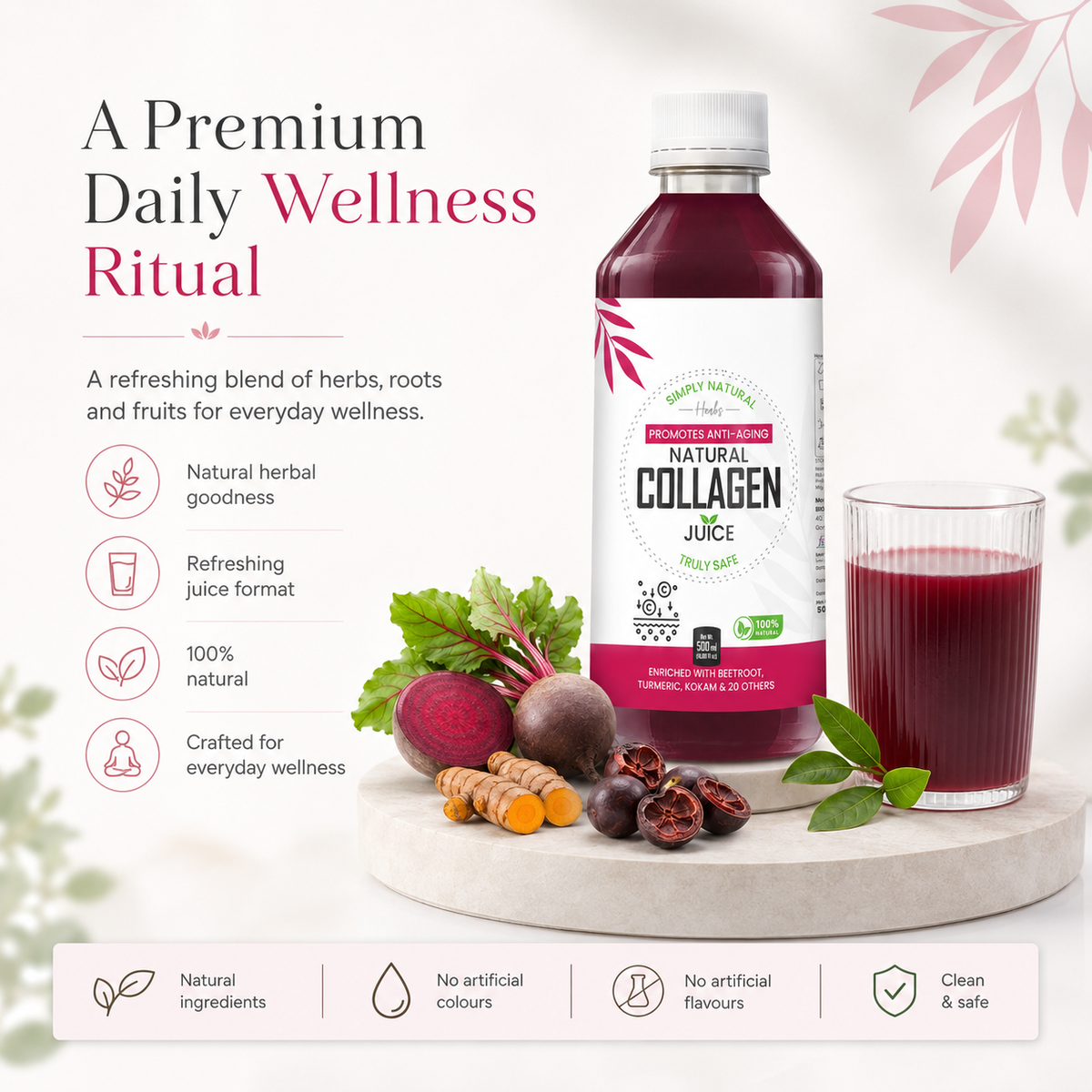 Goldenroot Herbal Collagen Juice in a 500ml bottle, natural herbal supplement by Bionik with golden-colored liquid inside.