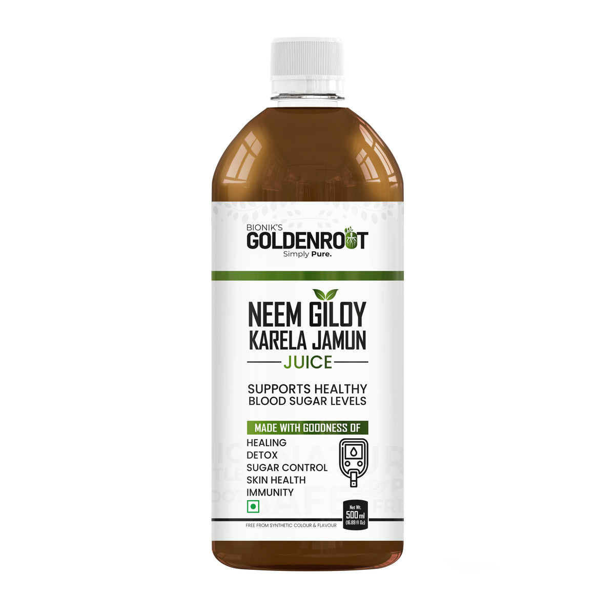 Goldenroot Herbal Juice bottle featuring Neem, Giloy, Karela, and Jamun, promoting Ayurvedic detox and wellness in a 500 ml container.