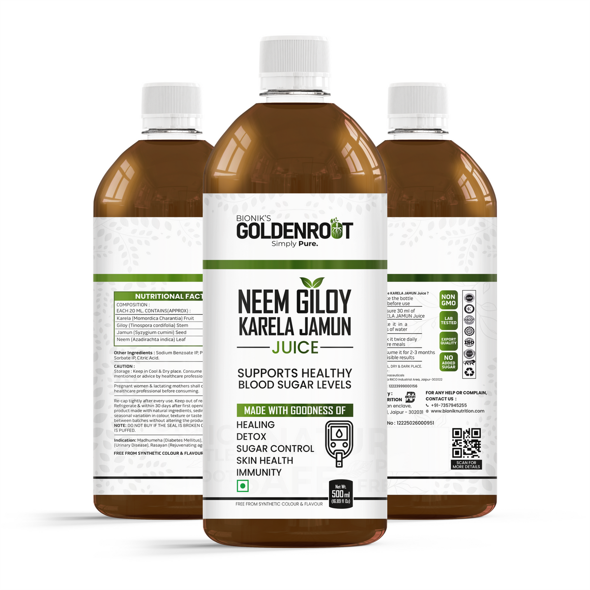Goldenroot Neem Giloy Karela Jamun herbal juice in a 500ml bottle, showcasing the natural herbal detox wellness product.
