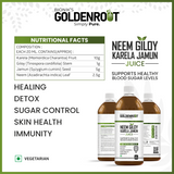 Bionik GoldenRoot Neem Giloy Karela Jamun Herbal Juice in a 500ml bottle, promoting Ayurvedic detox and wellness.