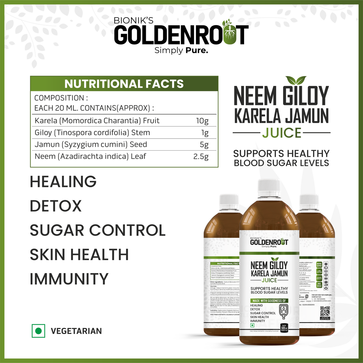 Bionik GoldenRoot Neem Giloy Karela Jamun Herbal Juice in a 500ml bottle, promoting Ayurvedic detox and wellness.