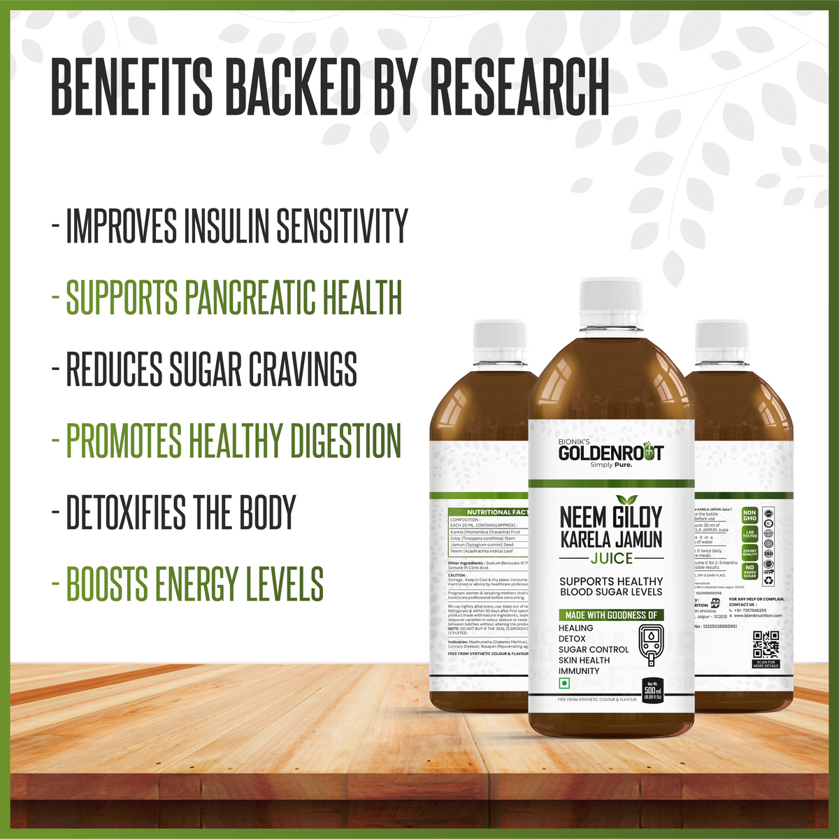 Bionik GoldenRoot Neem Giloy Karela Jamun herbal juice in a 500ml bottle, promoting Ayurvedic detox and wellness.