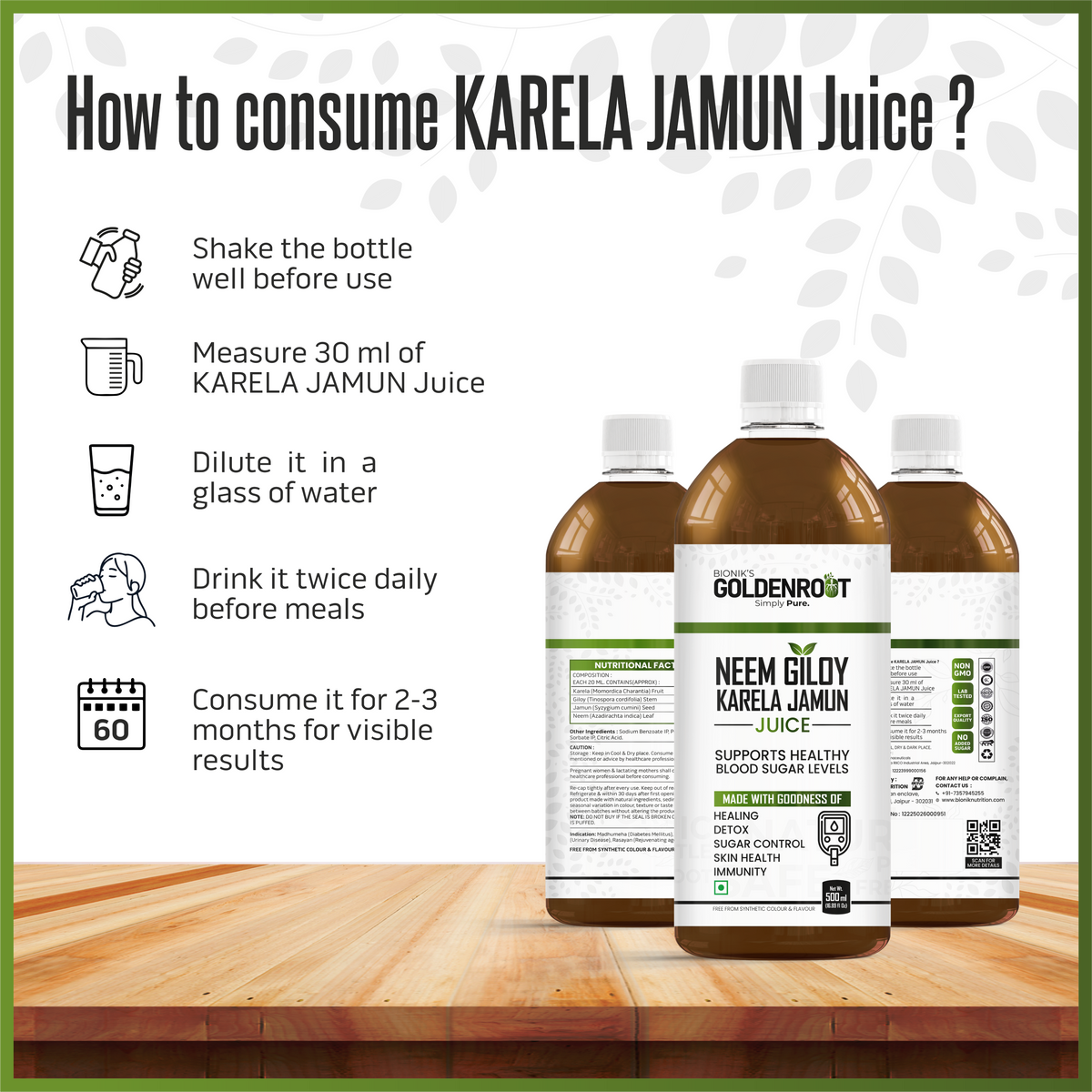 Goldenroot Herbal Juice bottle showing Neem, Giloy, Karela, and Jamun ingredients for Ayurvedic detox wellness, 500 ml.