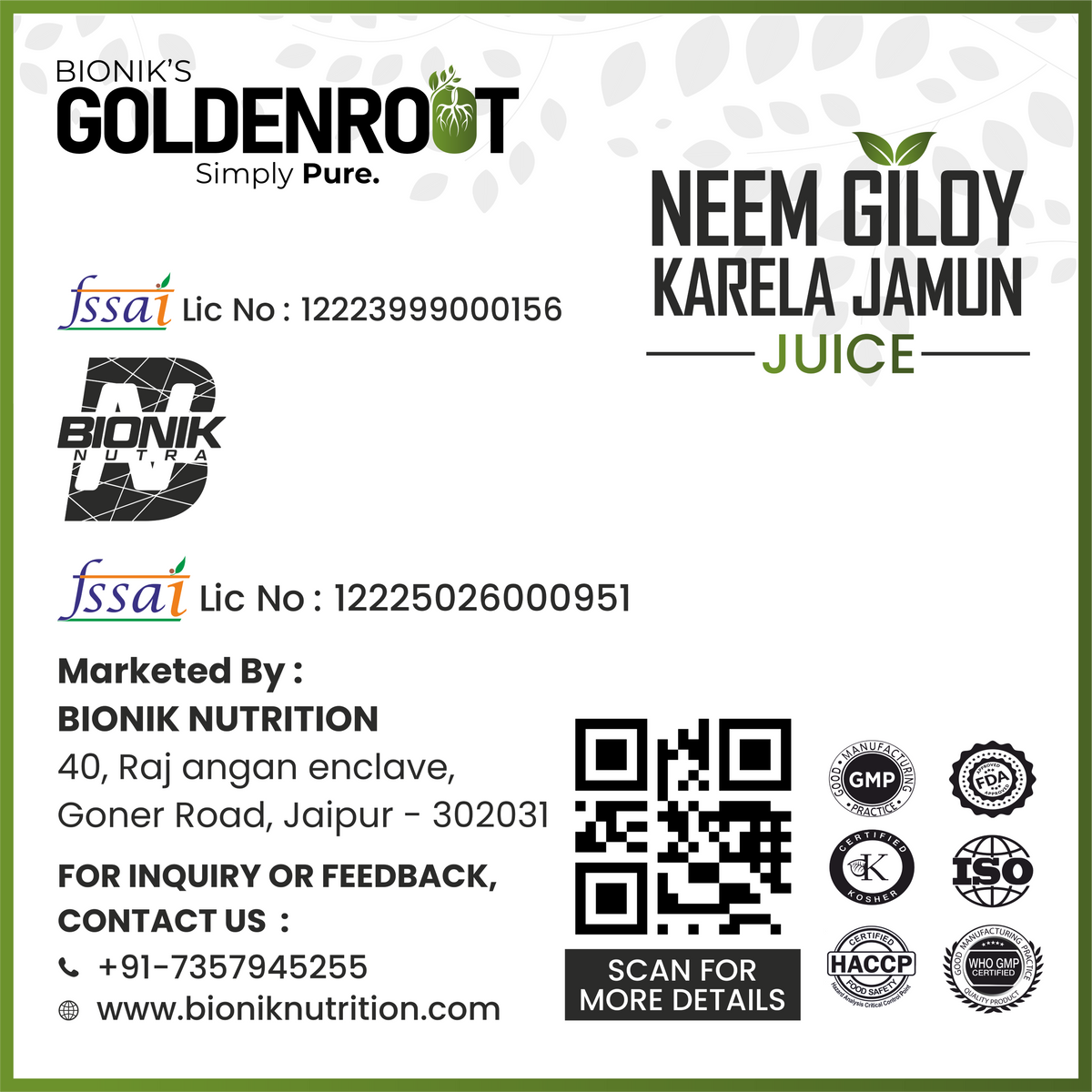 Goldenroot herbal juice bottle featuring Neem, Giloy, Karela, and Jamun for Ayurvedic detox wellness, 500 ml.