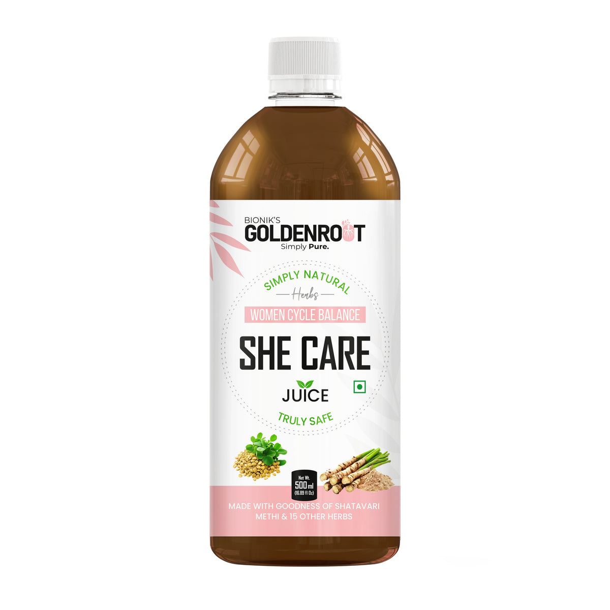 Goldenroot She Care Herbal Juice for Women, Ayurvedic formula with Shatavari and Ashoka, 500 ml bottle for hormonal wellness.