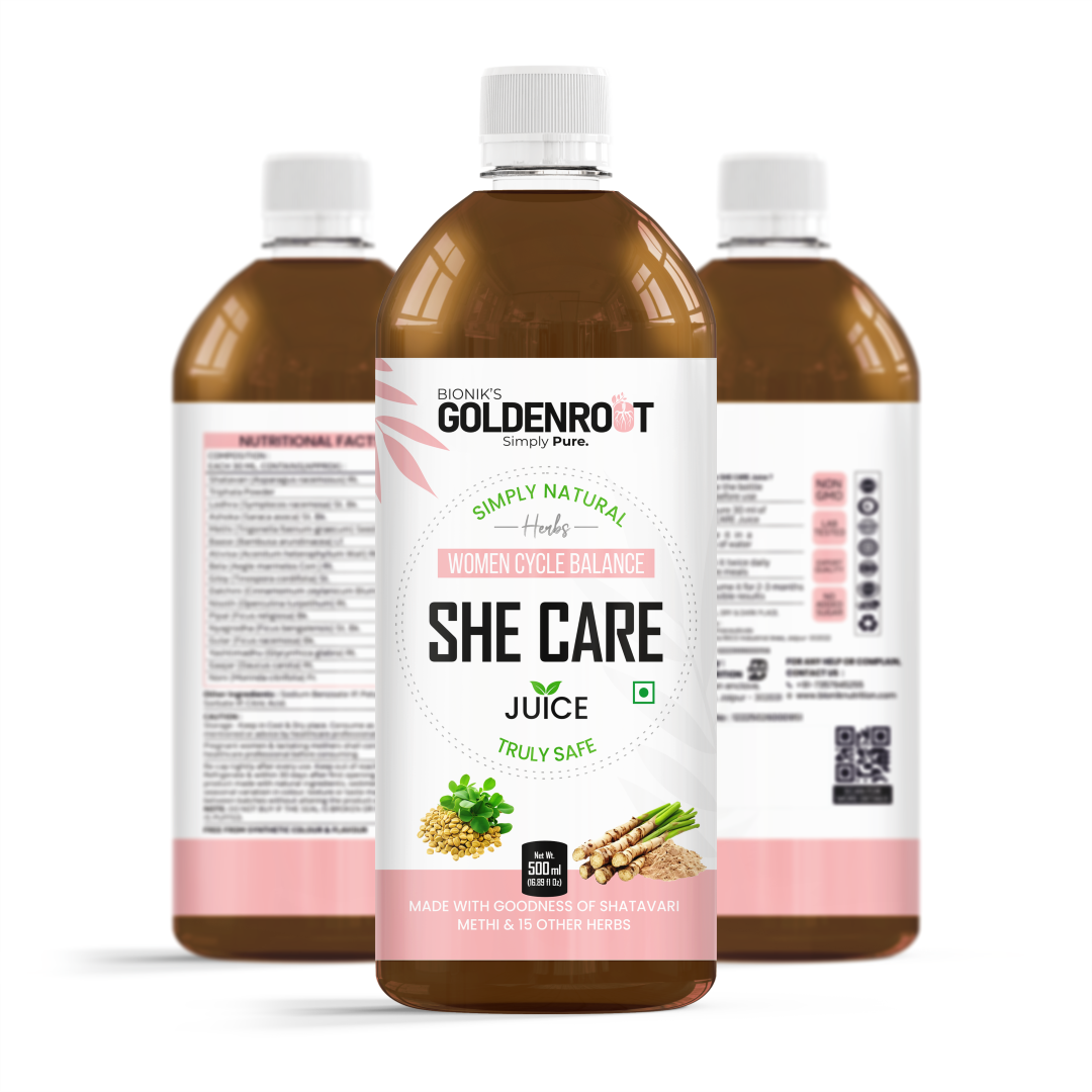 Goldenroot She Care Herbal Juice for Women, 500ml, featuring Ayurvedic herbs like Shatavari and Ashoka for hormonal wellness.