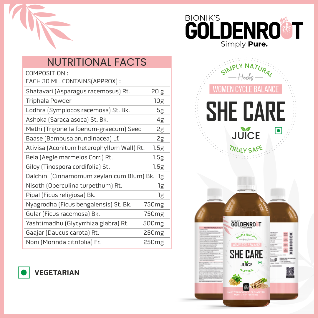 Goldenroot She Care Herbal Juice for Women in a 500ml bottle, featuring Ayurvedic ingredients like Shatavari and Ashoka.