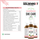 Goldenroot She Care Herbal Juice for Women in a 500ml bottle, featuring Ayurvedic ingredients like Shatavari and Ashoka.
