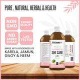 Goldenroot She Care Herbal Juice for Women in 500 ml bottle, featuring Ayurvedic ingredients like Shatavari and Ashoka.