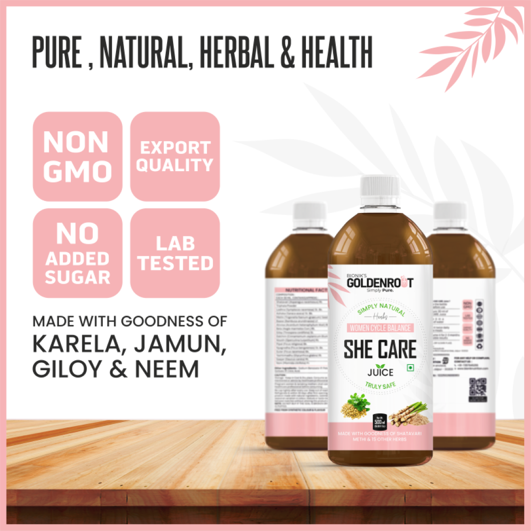 Goldenroot She Care Herbal Juice for Women in 500 ml bottle, featuring Ayurvedic ingredients like Shatavari and Ashoka.