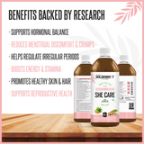 Bionik GoldenRoot She Care Juice herbal supplement for women, 500ml bottle with Shatavari and Ashoka for hormonal wellness.