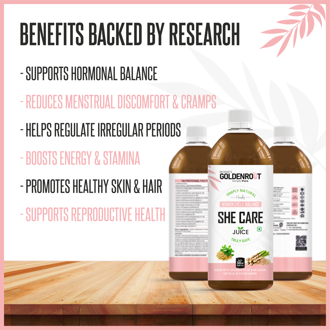 Bionik GoldenRoot She Care Juice herbal supplement for women, 500ml bottle with Shatavari and Ashoka for hormonal wellness.