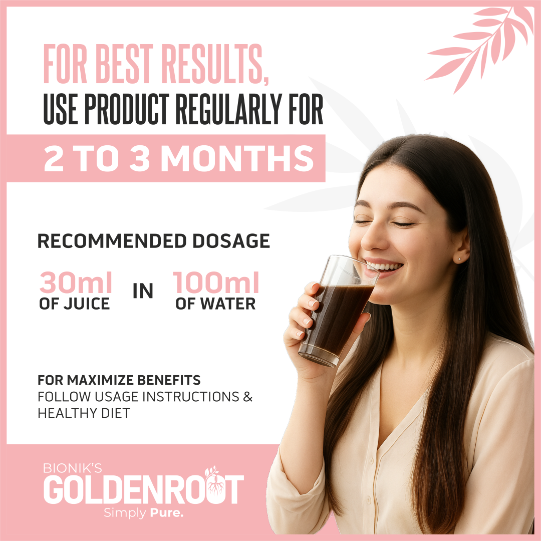 Goldenroot She Care Herbal Juice for Women in 500ml bottle, featuring Ayurvedic herbs like Shatavari and Ashoka for hormonal wellness.