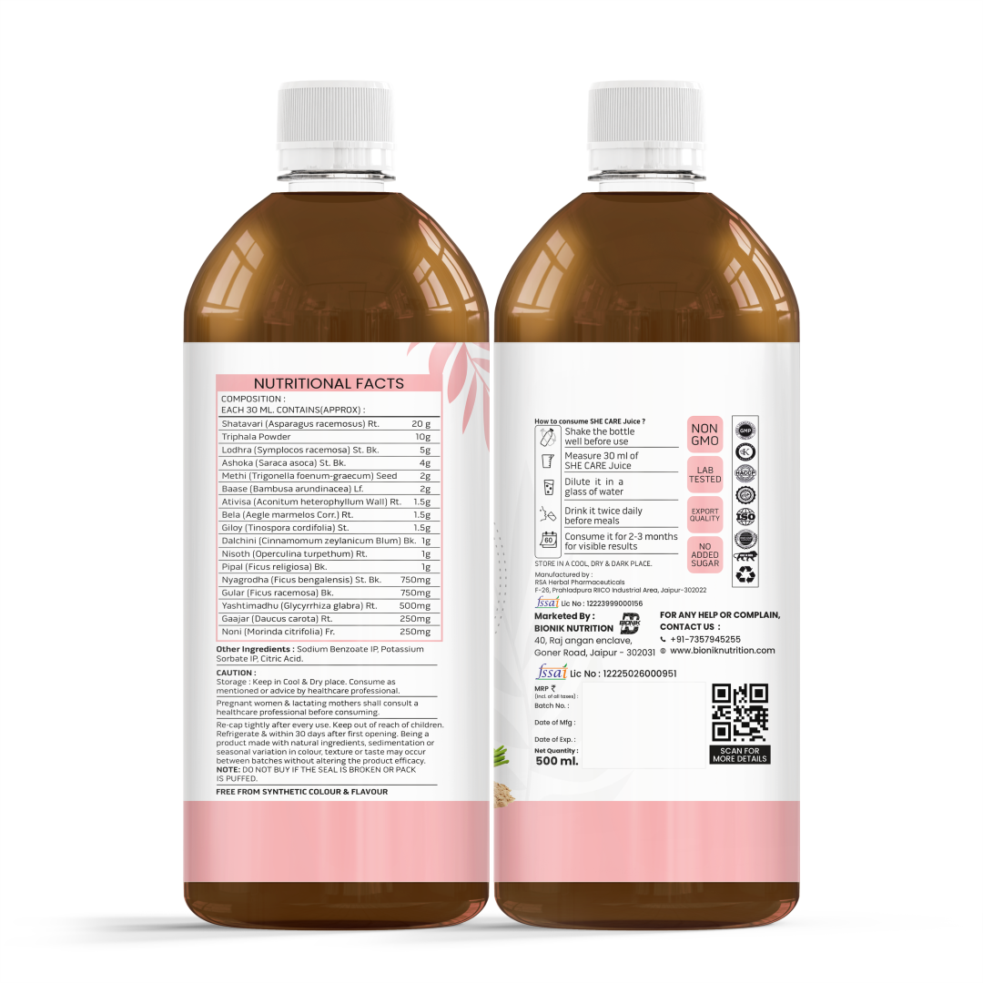 Goldenroot She Care Herbal Juice for Women, 500ml, featuring Shatavari and Ashoka for hormonal and menstrual wellness.