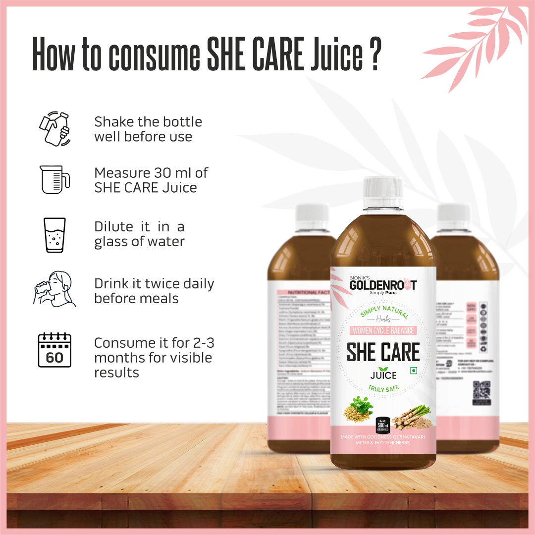 Goldenroot She Care Herbal Juice for Women in a 500 ml bottle, Ayurvedic blend with Shatavari and Ashoka for hormonal wellness.