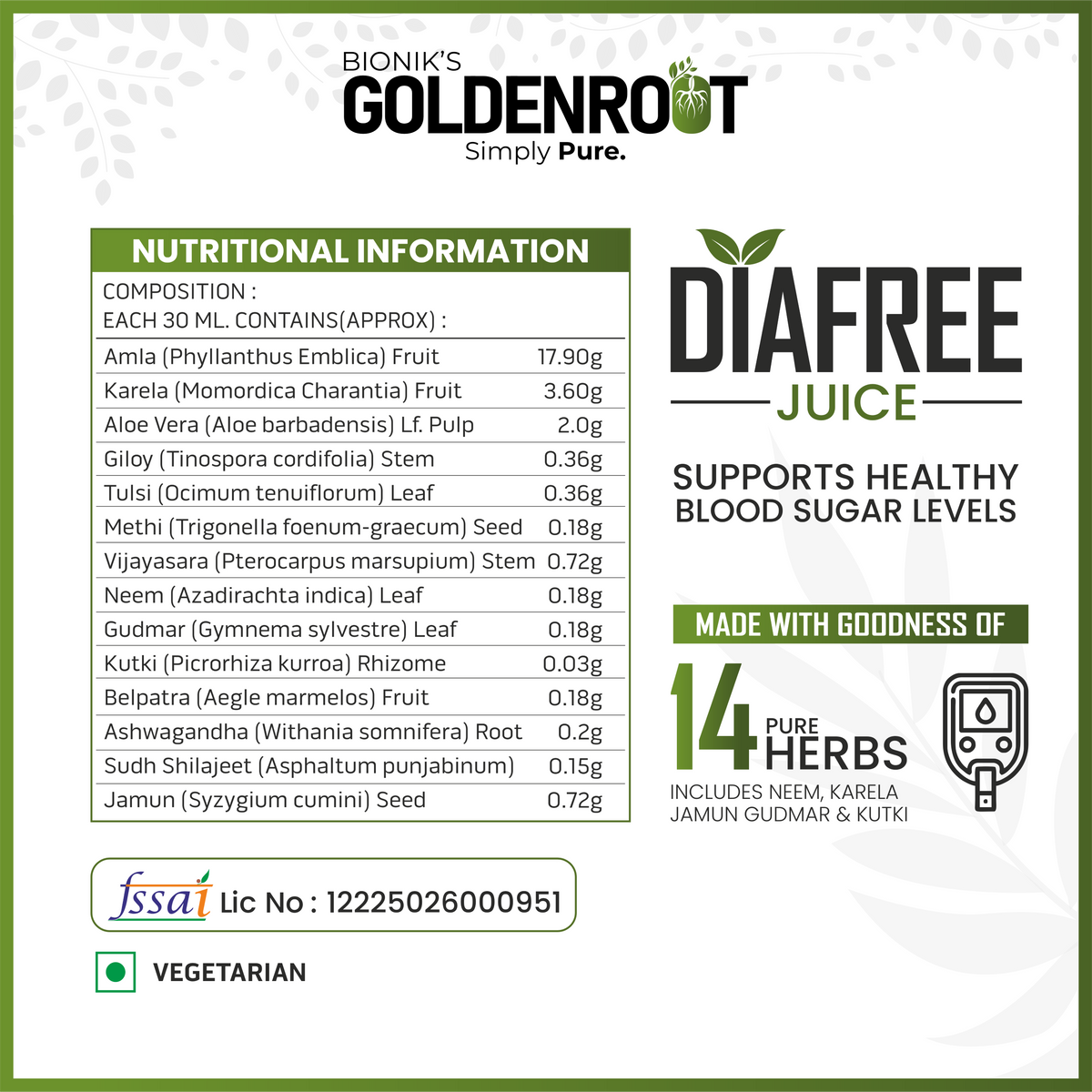 Goldenroot DiaFree herbal juice bottle with neem, karela, and jamun, 500 ml Ayurvedic wellness supplement from Bionik.
