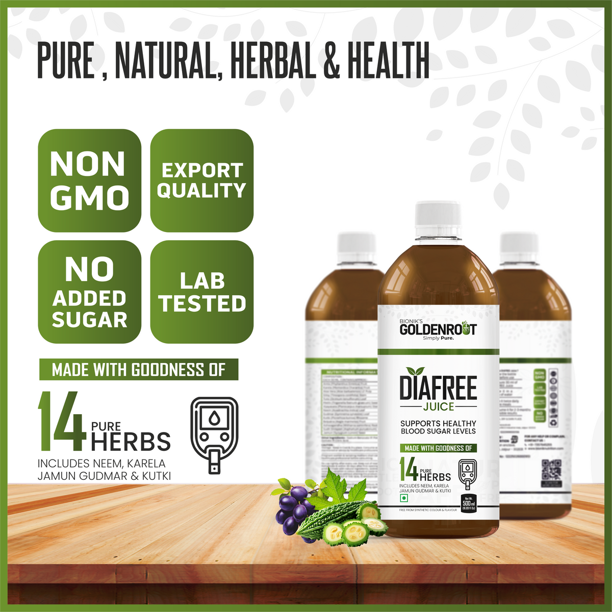 Bionik GoldenRoot DiaFree herbal juice in a 500ml bottle with neem, karela, and jamun for Ayurvedic wellness.