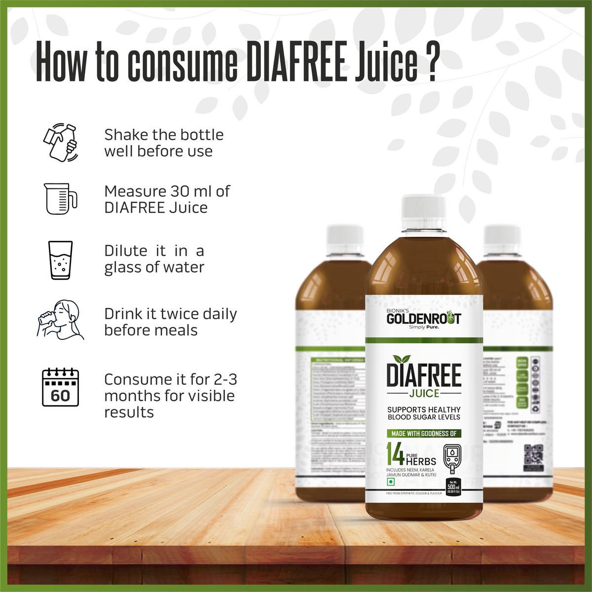 Bionik GoldenRoot DiaFree herbal juice bottle with Neem, Karela, and Jamun for Ayurvedic wellness, 500 ml bottle.