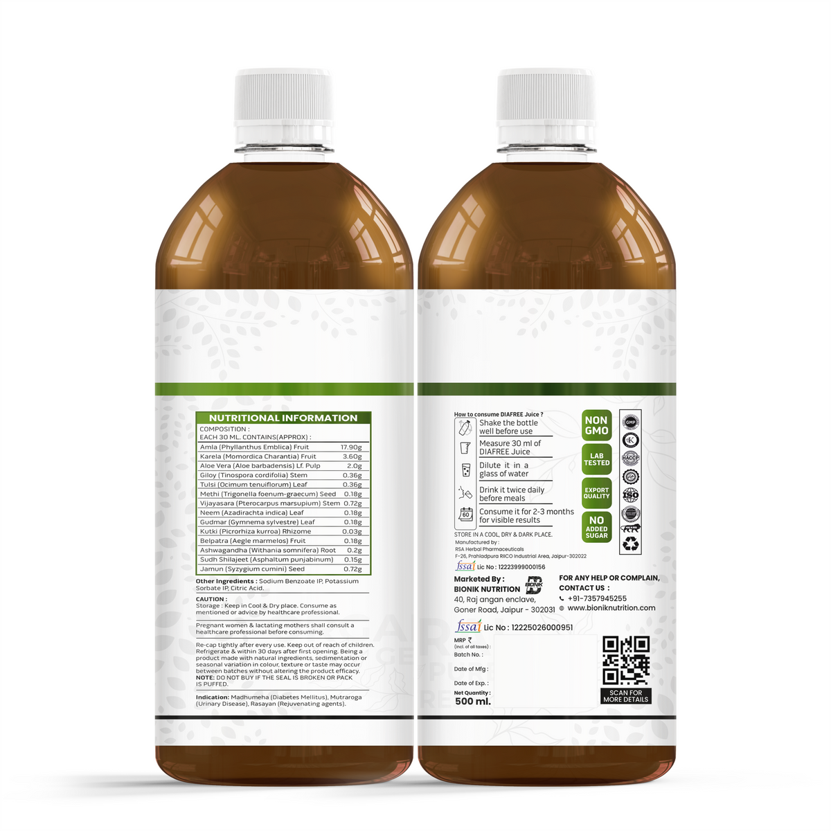 Goldenroot DiaFree Ayurvedic herbal juice bottle with neem, karela, and jamun, 500 ml, natural herbal wellness supplement.
