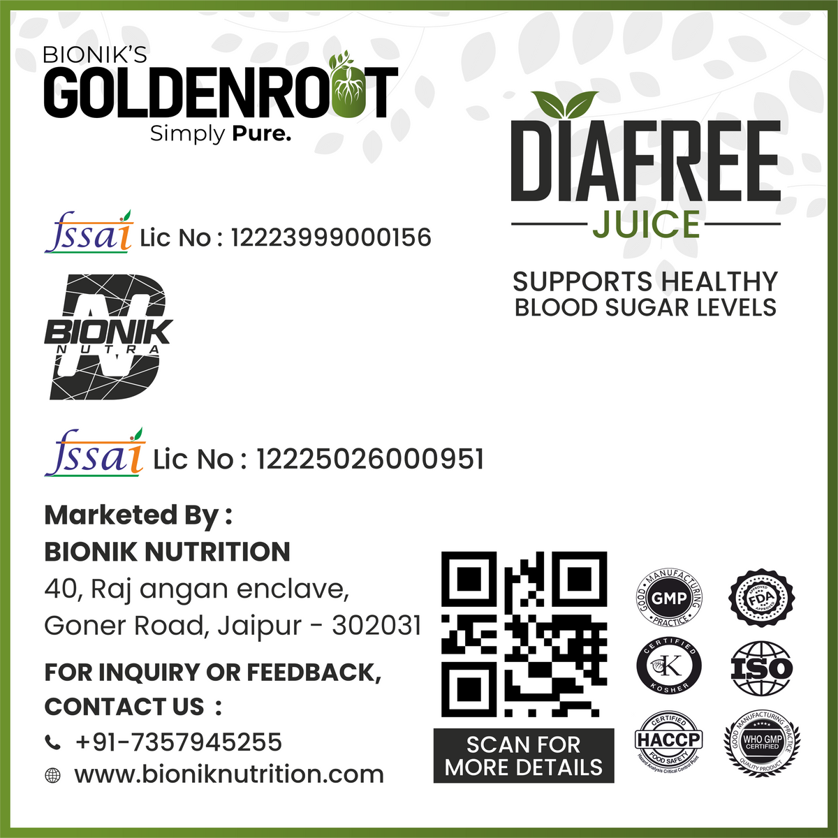 Goldenroot Bionik GoldenRoot DiaFree herbal juice bottle with Neem, Karela, and Jamun for Ayurvedic wellness, 500 ml.