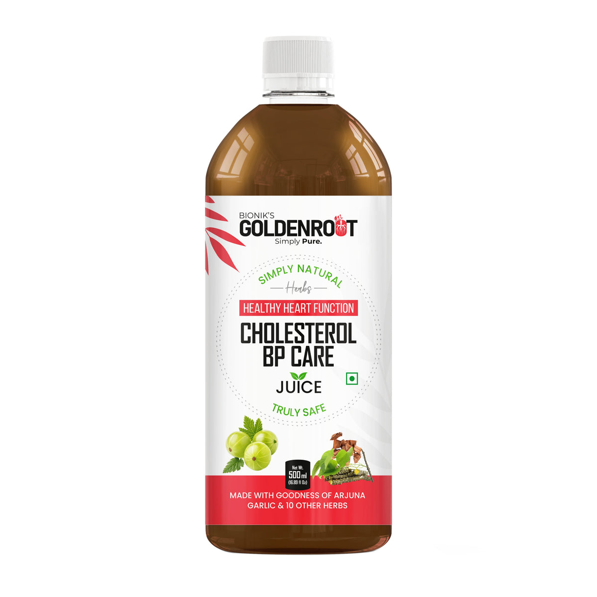 Goldenroot Bionik Heart Care Herbal Juice in a 500ml bottle, with golden-colored liquid and herbal ingredients visible.