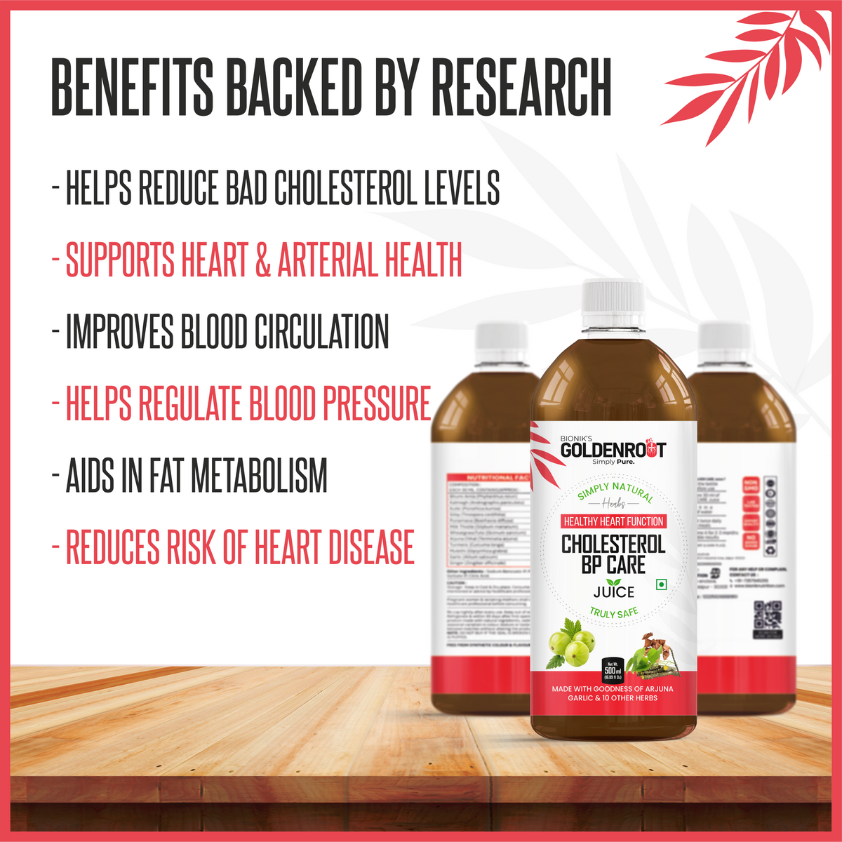 Bionik GoldenRoot Heart Care Herbal Juice in 500ml bottle, featuring goldenroot herbal ingredients for heart health.