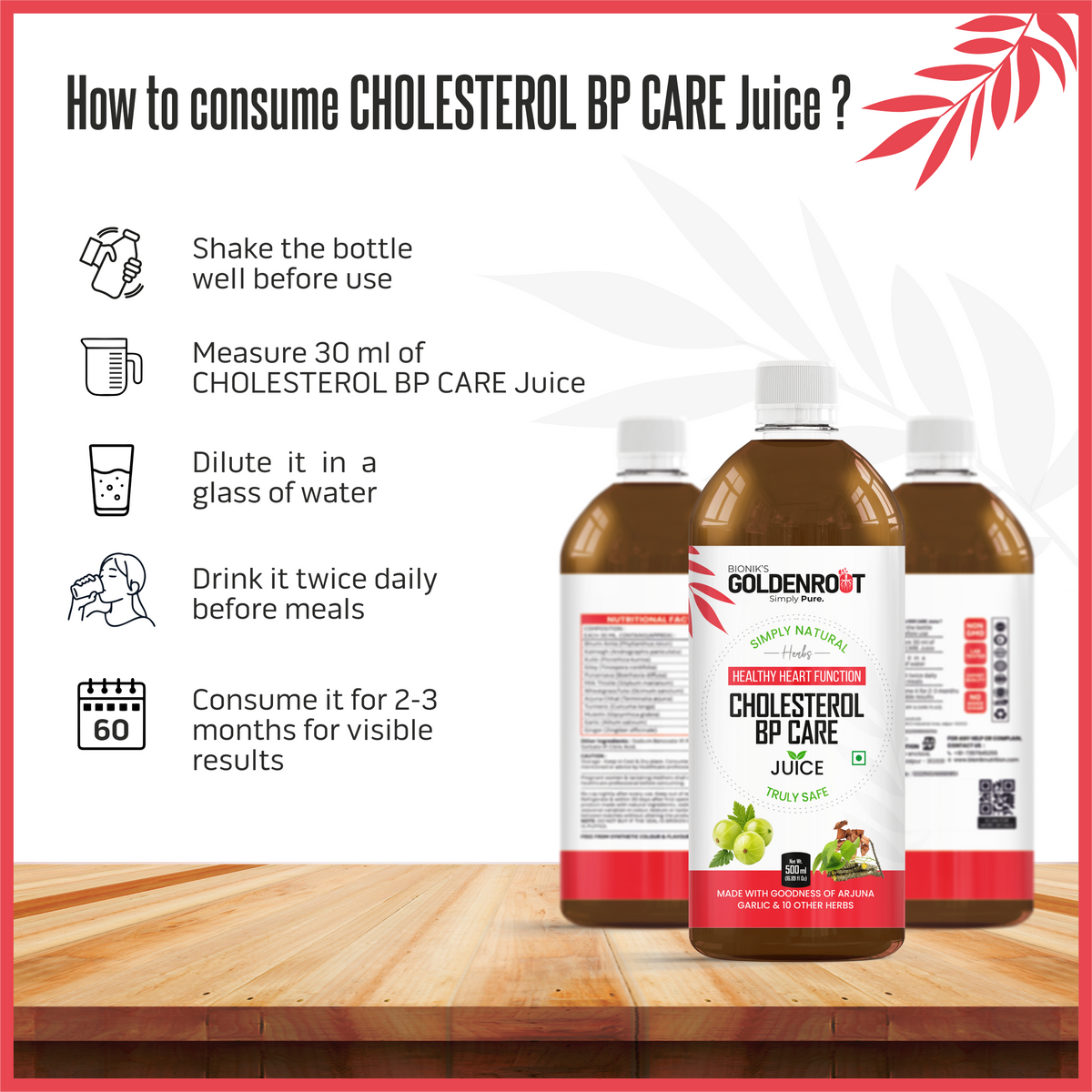 Goldenroot Heart Care Herbal Juice in a 500 ml bottle, herbal supplement by Bionik with golden root ingredients.