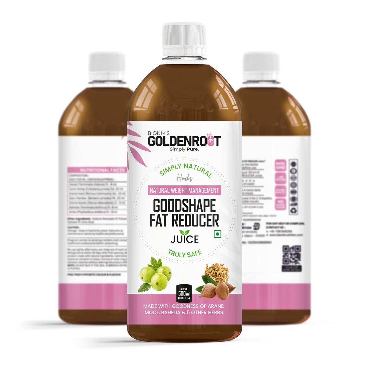 Goldenroot GoodShape organic fruit juice in a 500ml bottle, promoting weight wellness and fat reduction.