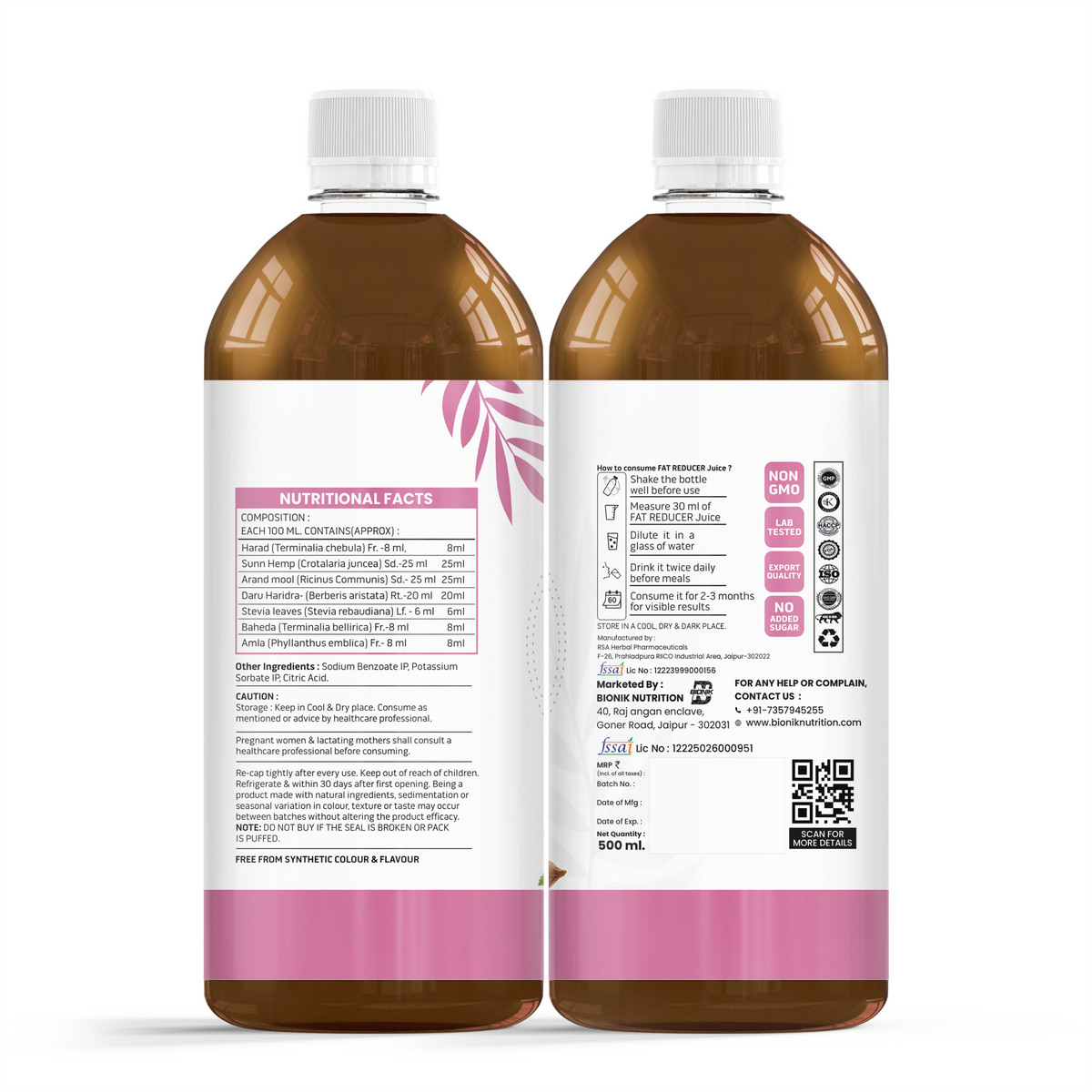 Goldenroot Organic Fruit Juice in a 500ml bottle, designed for weight wellness and fat reduction by Bionik GoldenRoot.