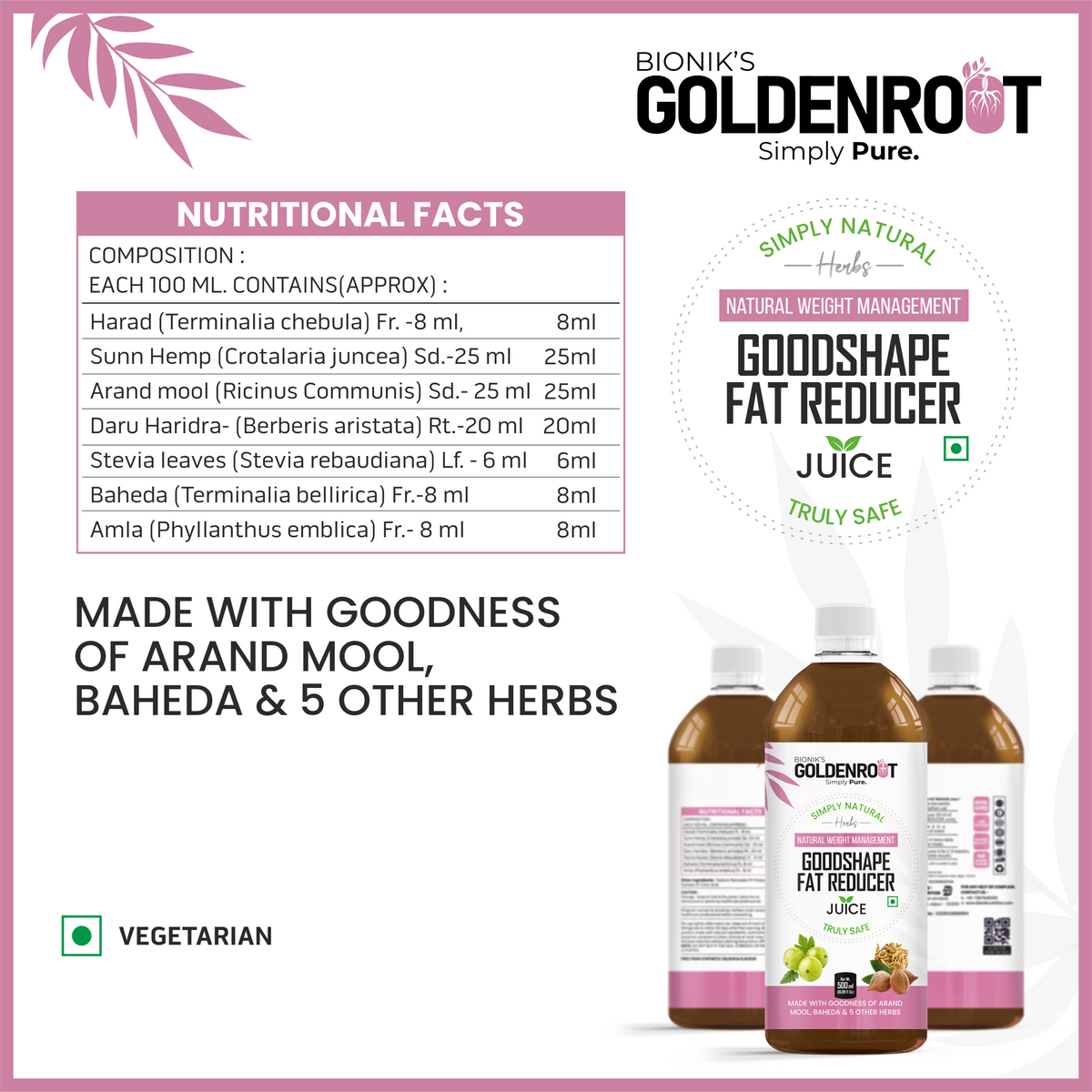 Goldenroot GoodShape Fat Reducer Juice in a 500ml organic fruit juice bottle, promoting weight wellness and healthy living.