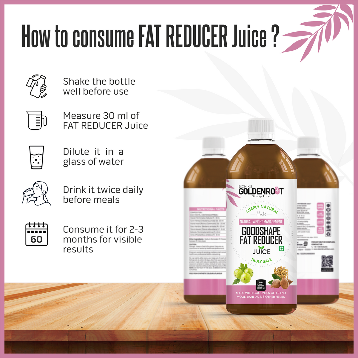 Goldenroot GoodShape Fat Reducer Juice in 500 ml organic fruit juice bottle, promoting weight wellness with natural ingredients.