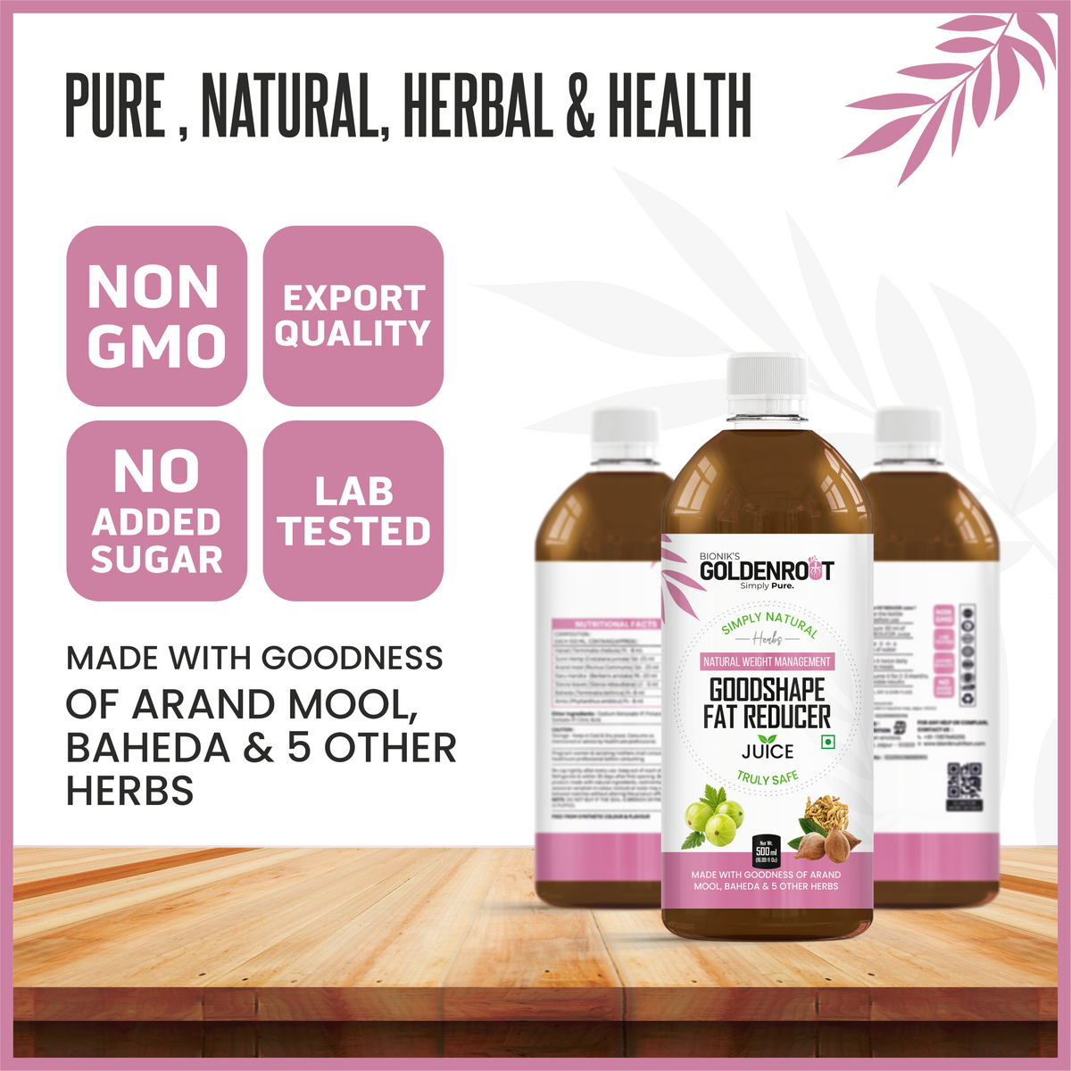 Goldenroot GoodShape Fat Reducer Juice in 500ml organic fruit juice bottle, promoting weight wellness and natural health.