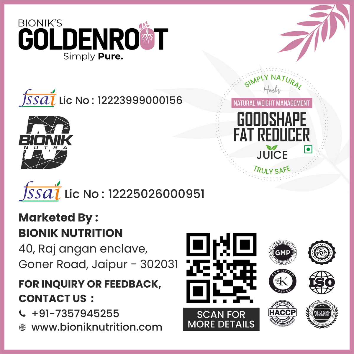 Goldenroot GoodShape Fat Reducer Organic Fruit Juice bottle, 500 ml, with vibrant fruit images and Goldenroot branding.