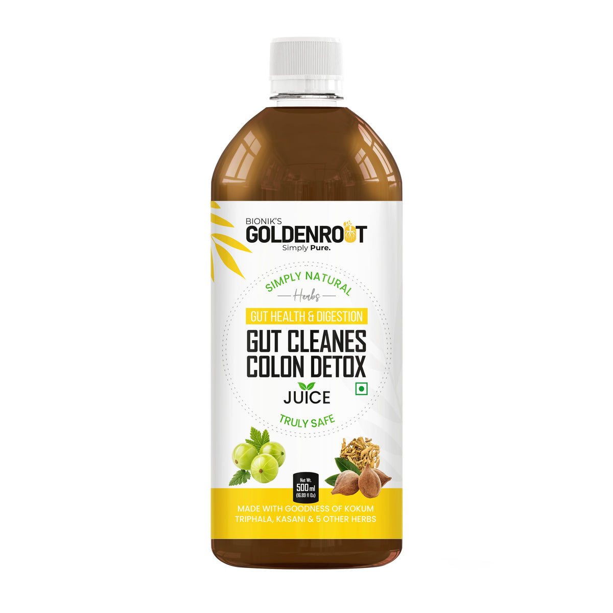 Goldenroot GoldenRoot Gut Cleanse Juice, organic fruit juice in a 500 ml bottle, promoting digestive wellness with natural ingredients.