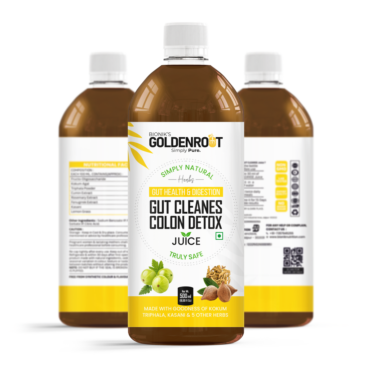 GoldenRoot GoldenRoot Gut Cleanse Juice 500ml organic fruit juice bottle with label and fresh fruit imagery for digestive wellness.