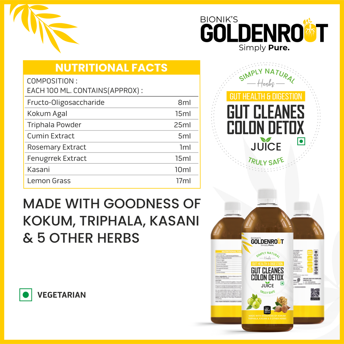 Goldenroot Bionik GoldenRoot Gut Cleanse Juice in a 500ml bottle, organic fruit juice for digestive wellness.