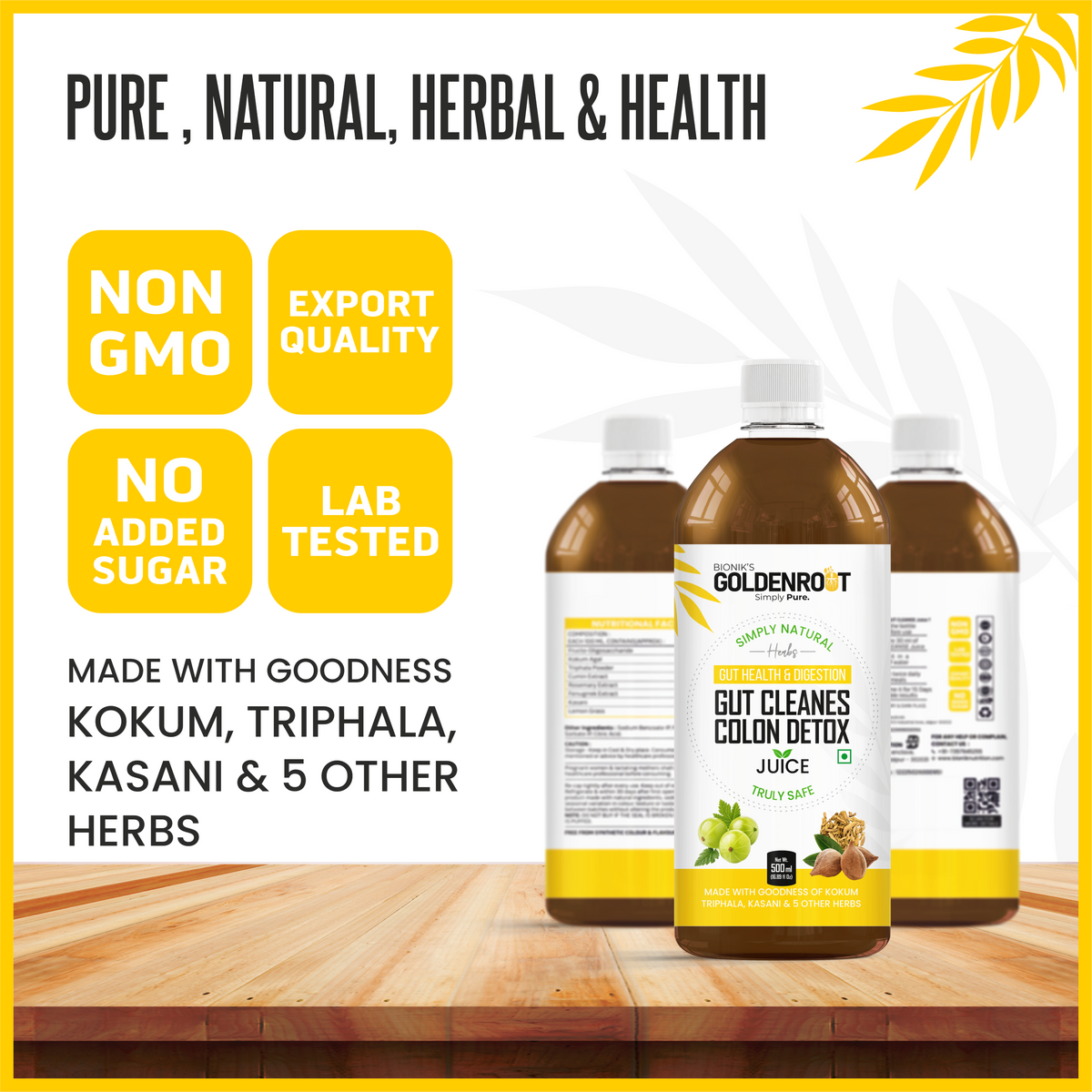 Goldenroot GoldenRoot Gut Cleanse Juice 500ml, organic fruit juice for digestive wellness in a clear glass bottle