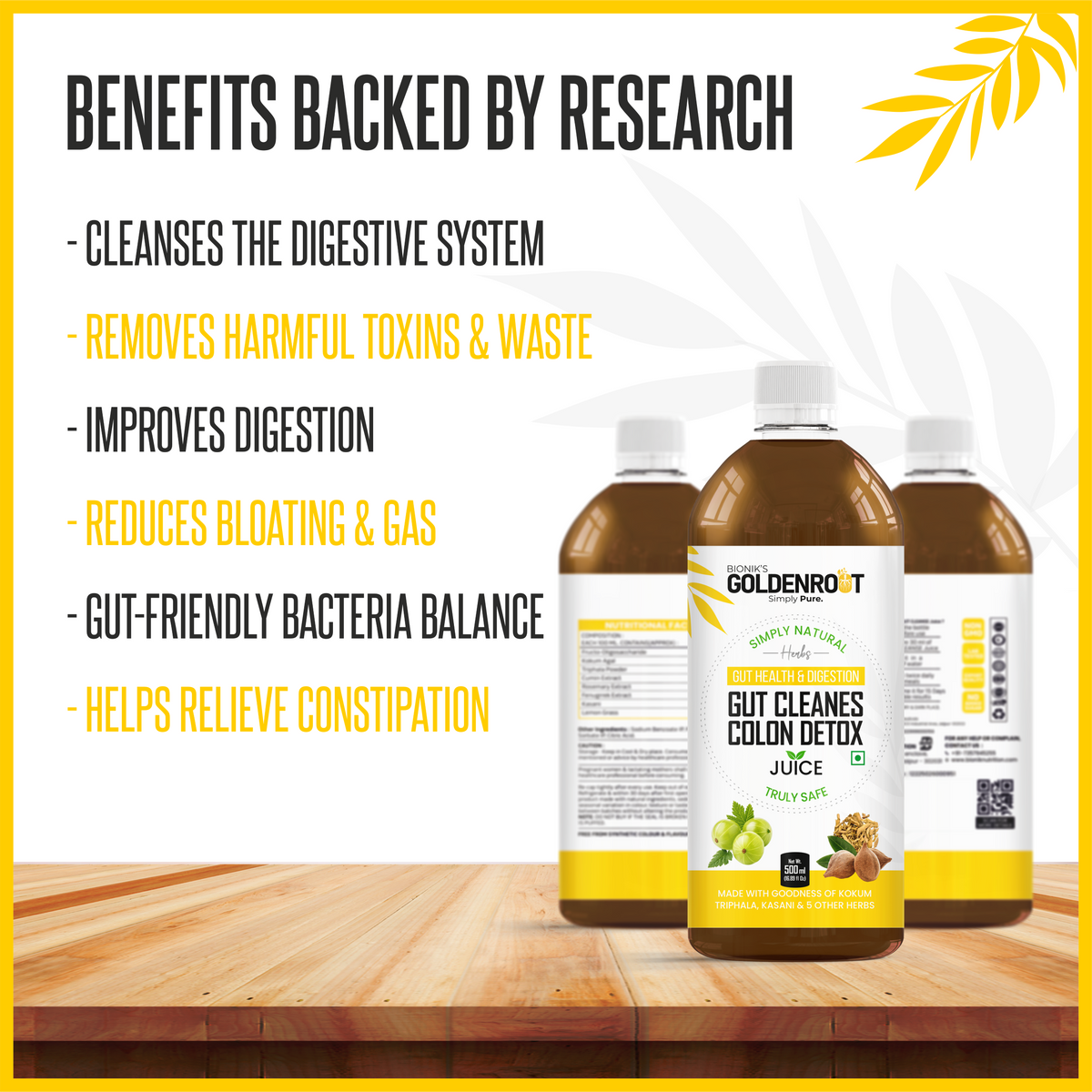 GoldenRoot Bionik GoldenRoot Gut Cleanse Juice in 500ml organic fruit juice bottle, promoting digestive wellness and gut health.