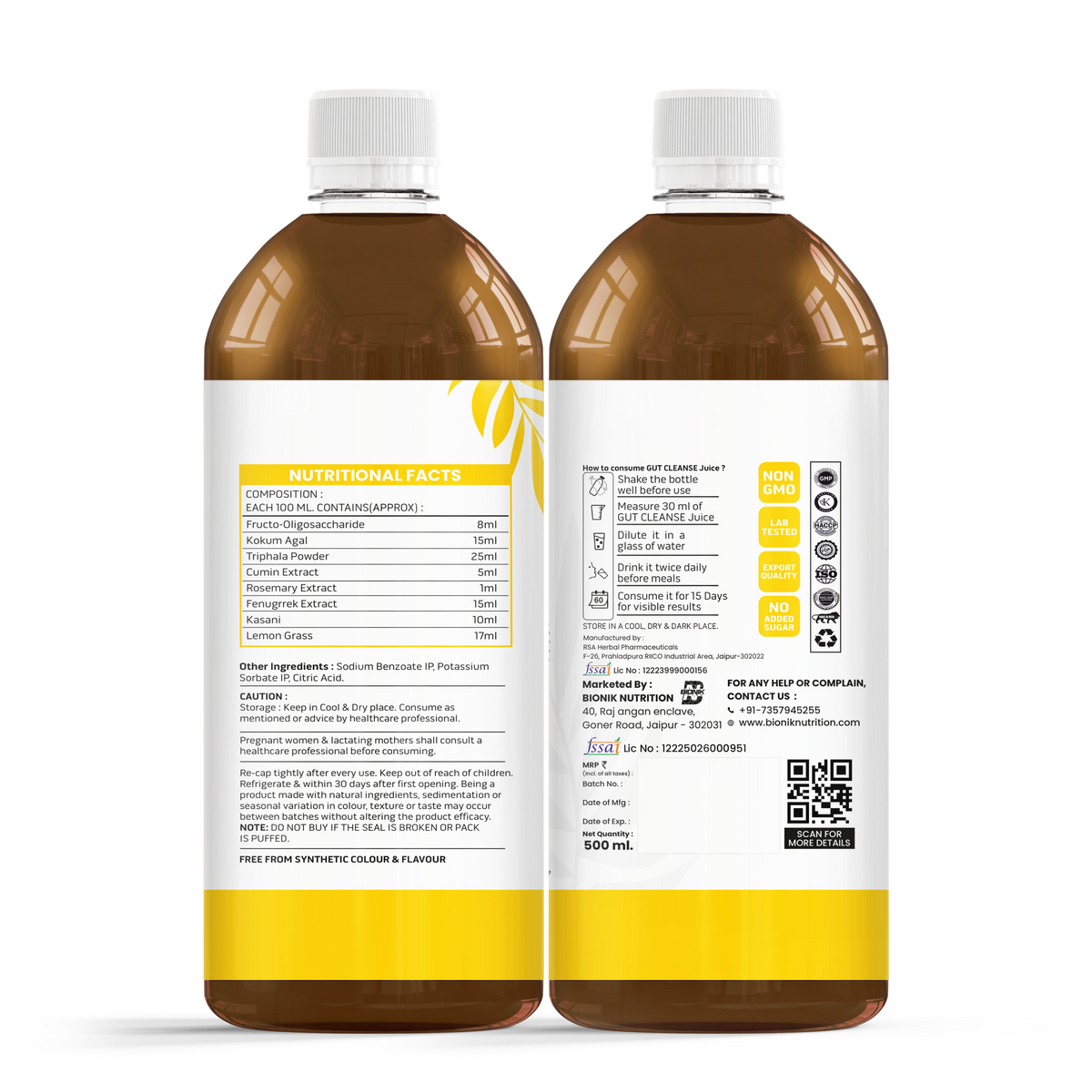 GoldenRoot organic fruit juice bottle labeled Bionik GoldenRoot Gut Cleanse Juice for digestive wellness, 500 ml.