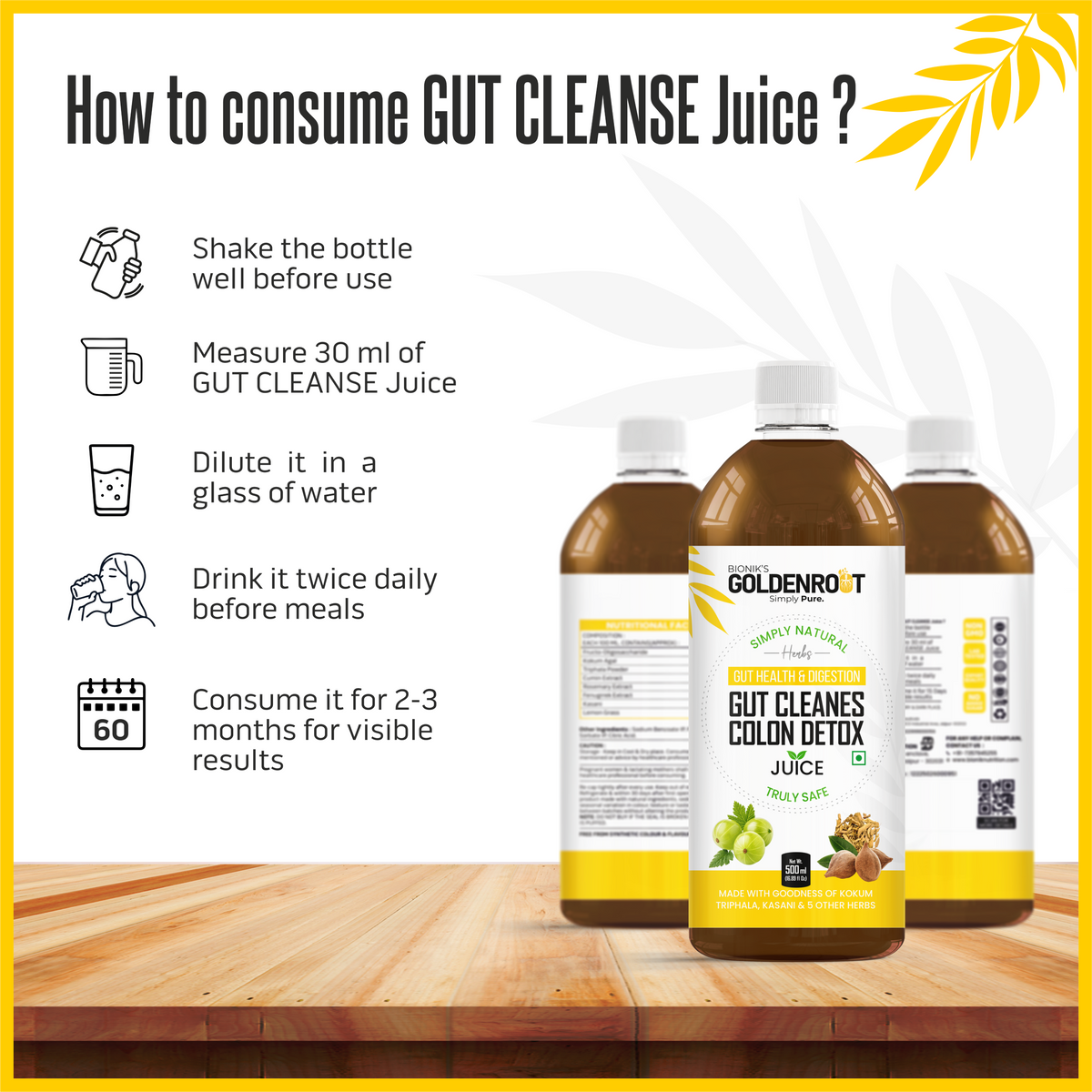 Goldenroot GoldenRoot Gut Cleanse Juice in a 500 ml bottle, organic fruit juice for digestive wellness, by Bionik.