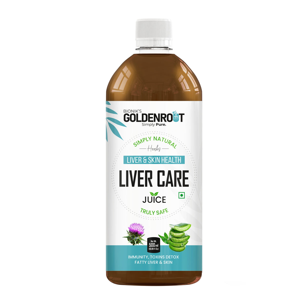 Bottle of GoldenRoot Organic Fruit Juice for liver care, herbal wellness, in a 500 ml transparent bottle with a label.