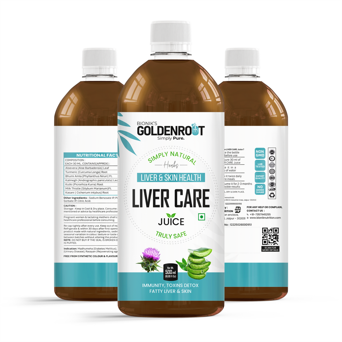 Bionik GoldenRoot Liver Care Juice in a 500ml bottle, natural herbal organic fruit juice for liver wellness by Goldenroot.